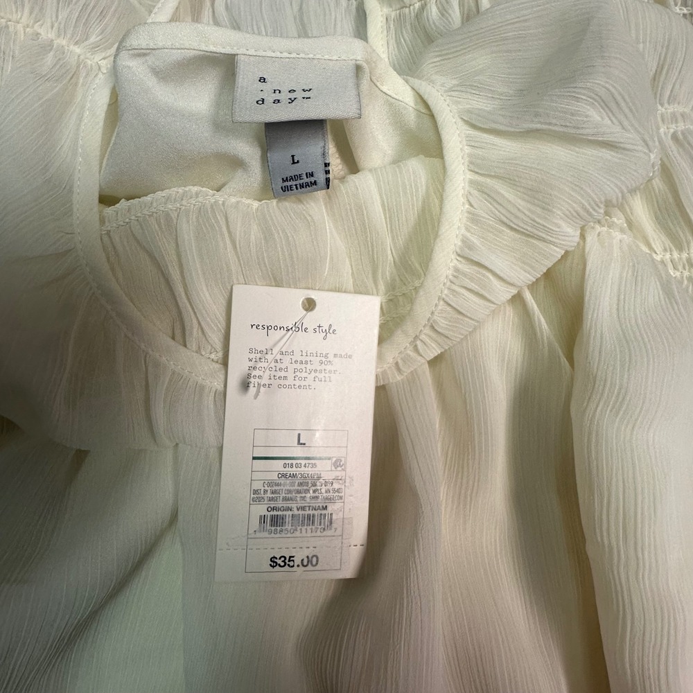 A New Day Cream Smocked Sleeveless Maxi Dress Tiered Chiffon Recycled Poly L NWT - Picture 5 of 6